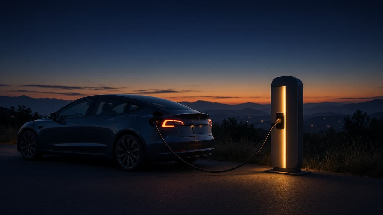 Alacakaranlıkta şarj olan bir elektrikli otomobil