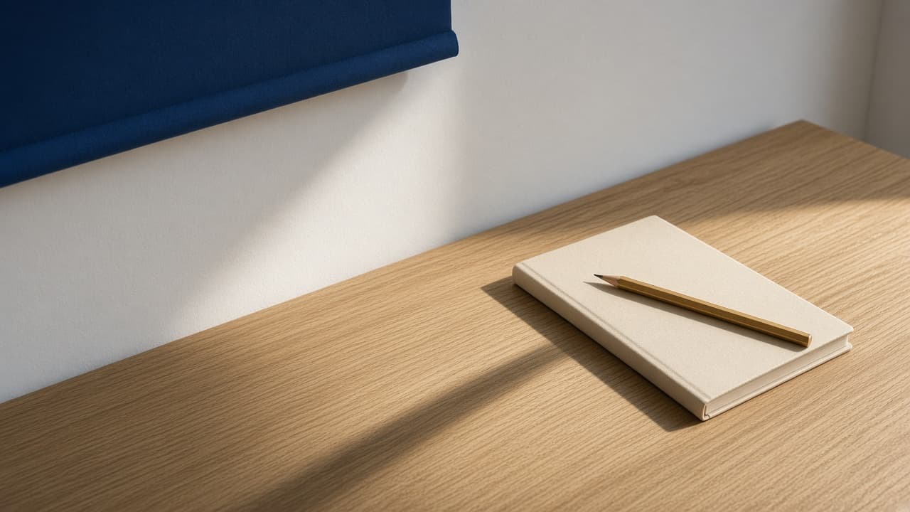 A closed notebook and a gold pencil on a pale desk