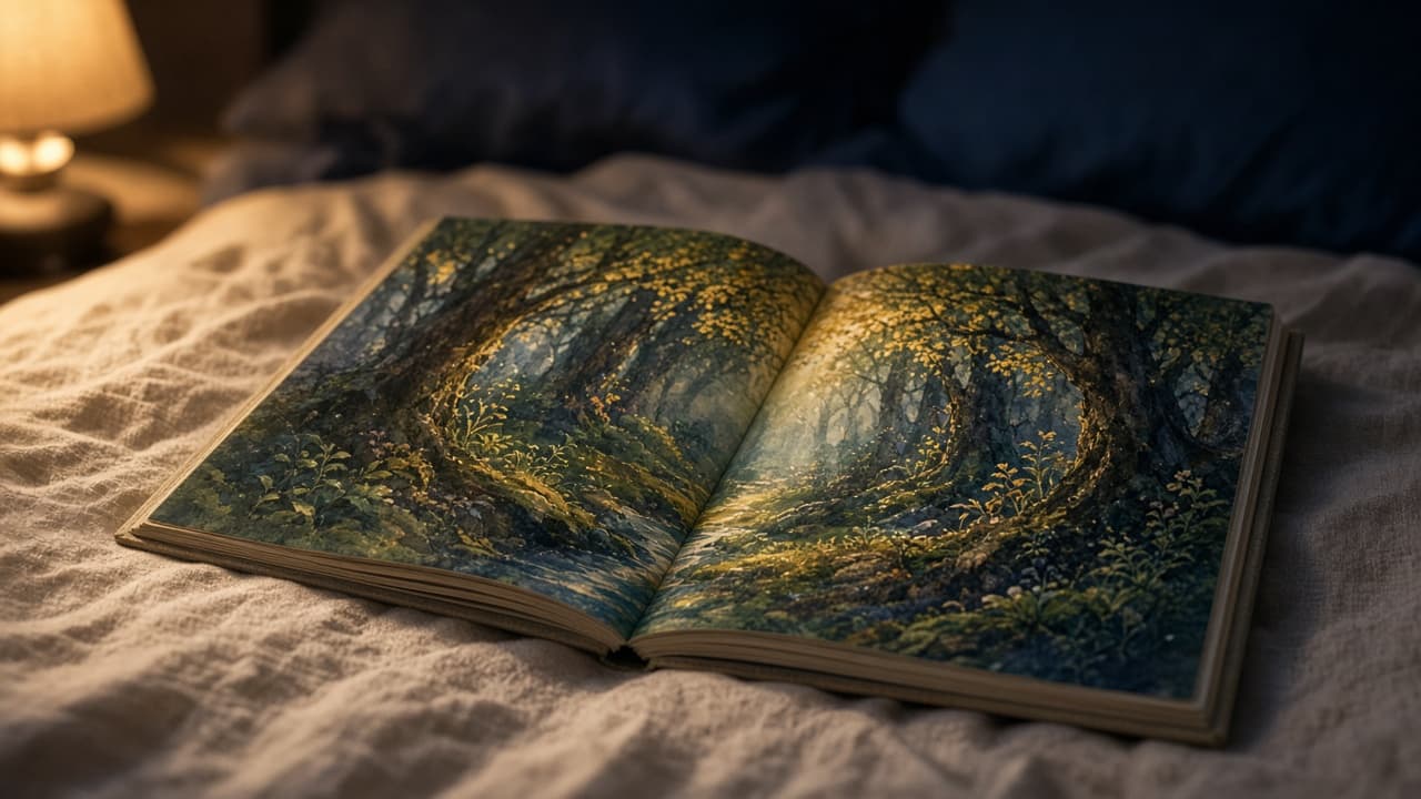 An open picture book on a bed, a forest painted on the page