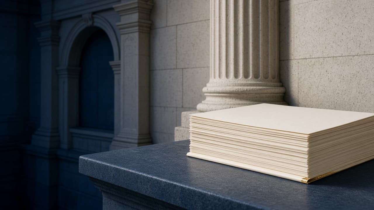 A civic stone facade and a stack of blank folders