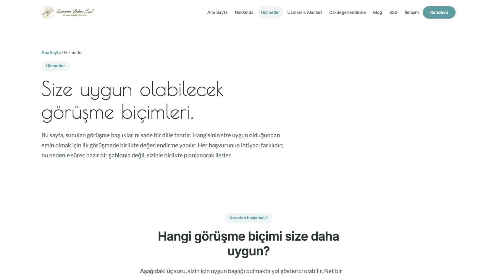 Services page on the Dilan İzol website