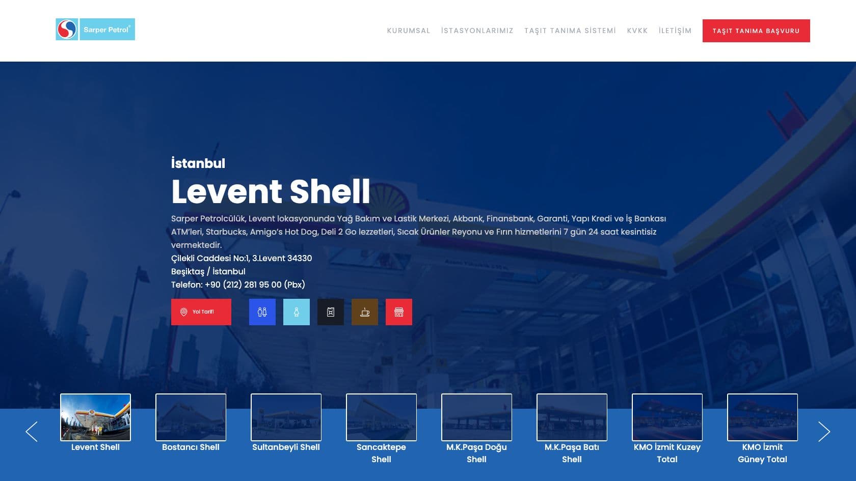 Stations page on the Sarper Petrol website, open on Levent Shell