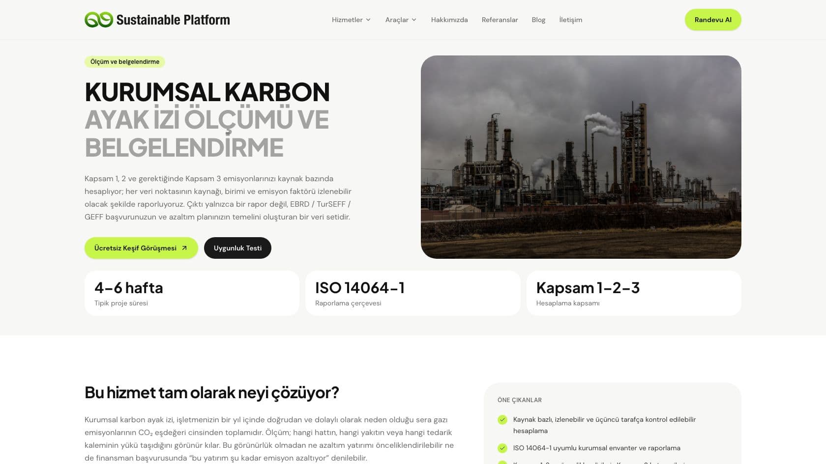 Sustainable Platform sitesindeki karbon ölçüm sayfası