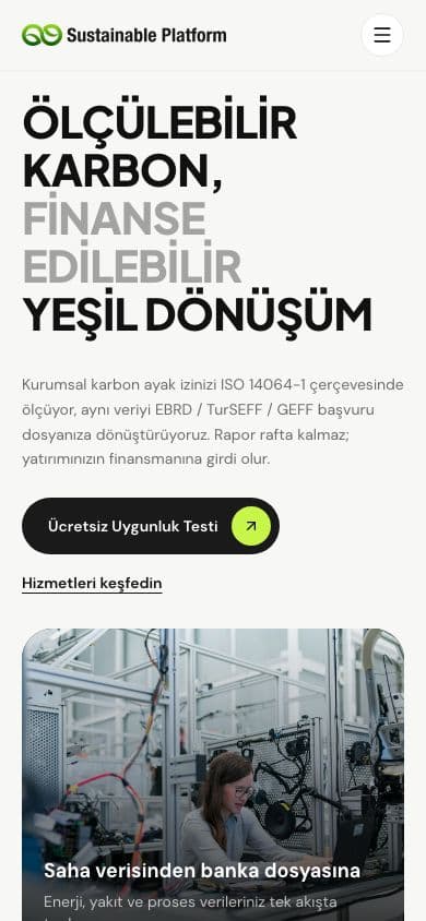 Sustainable Platform sitesinin mobil ana sayfası